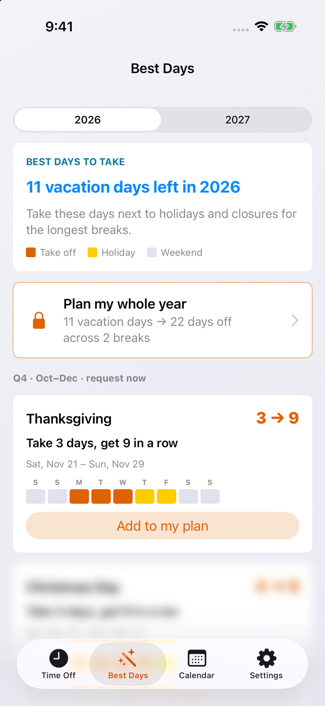 Best Days holiday suggestions in light mode