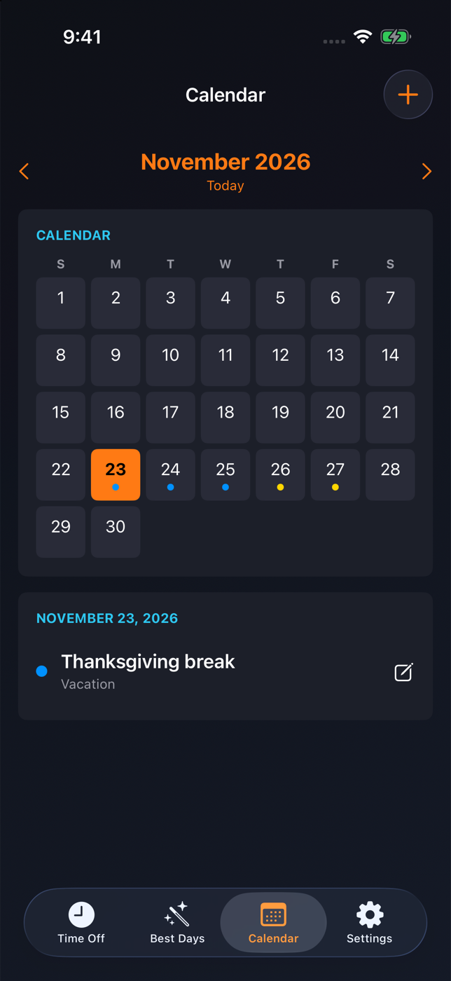 November calendar showing Thanksgiving time off in dark mode