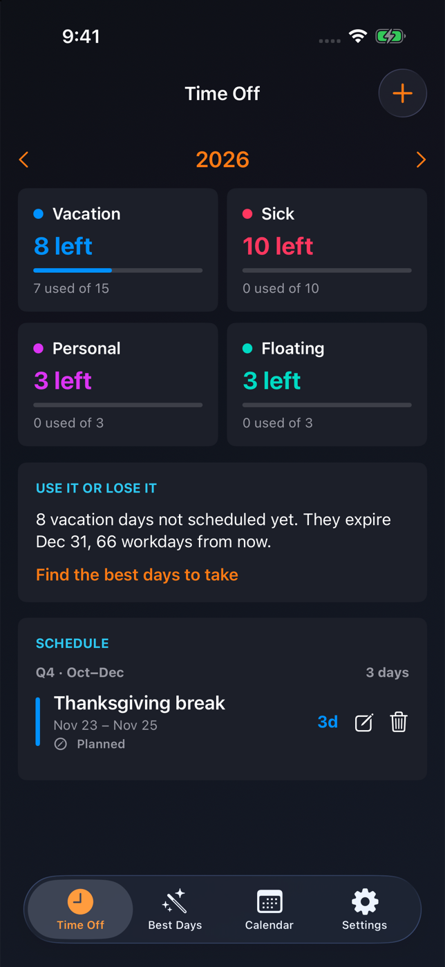 Dark-mode dashboard showing remaining PTO and a planned Thanksgiving break